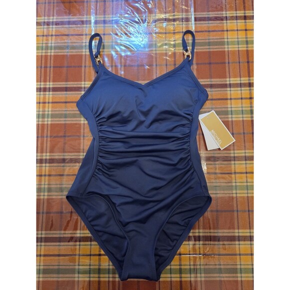 Michael Kors 1-Piece Swimsuit GOLD TONED Strap Detail Blue/Gray SZ 6 NWT Beach - Picture 1 of 7
